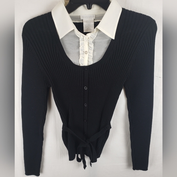 Worthington Black Button Down Sweater with Tie Sz M - Picture 2 of 8